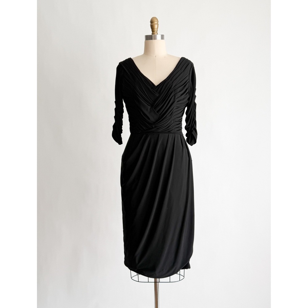 J. Peterman Cocktail Dress Ruched Draped V-Neck 3/4 Sleeve 6 Black Jersey Sheath